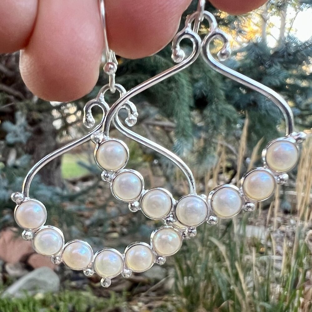 Sundance Catalog $148 NEW 2" PEARL Sterling Silver Hoops Earrings Bridal Boho - Picture 5 of 9